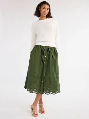 Free Assembly Olive Green Cotton Eyelet Button Front Midi Skirt Size M